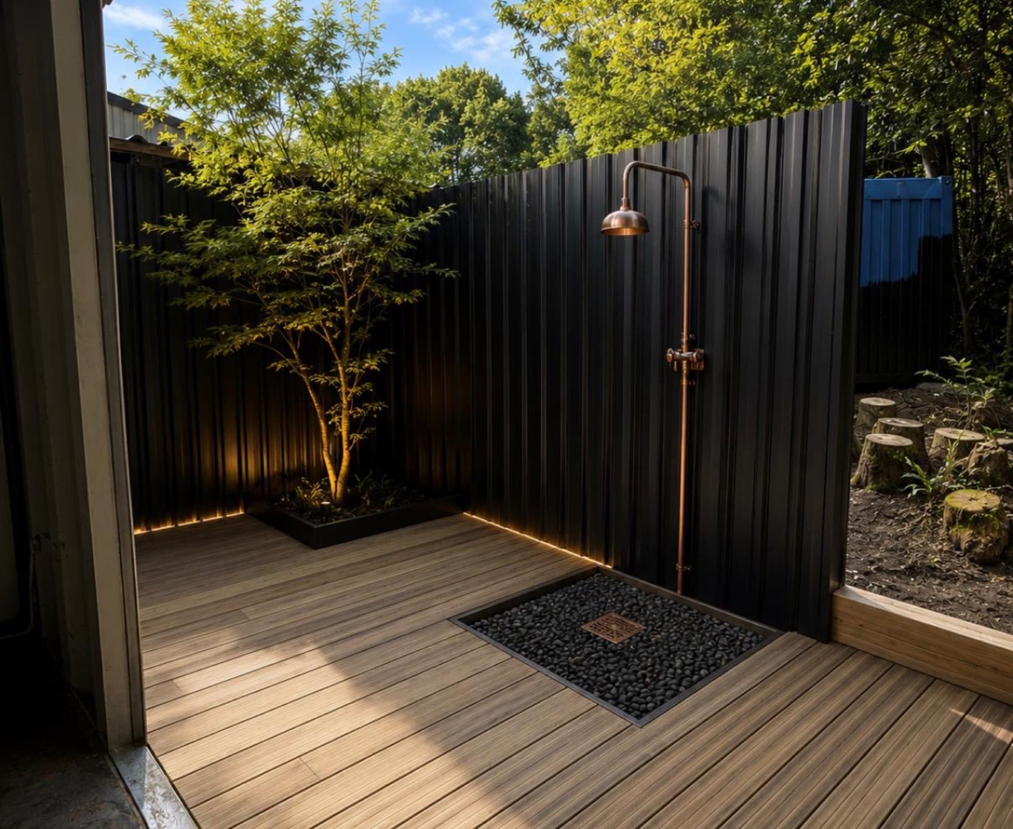 Design render of the outdoor shower next to the cold plunge
