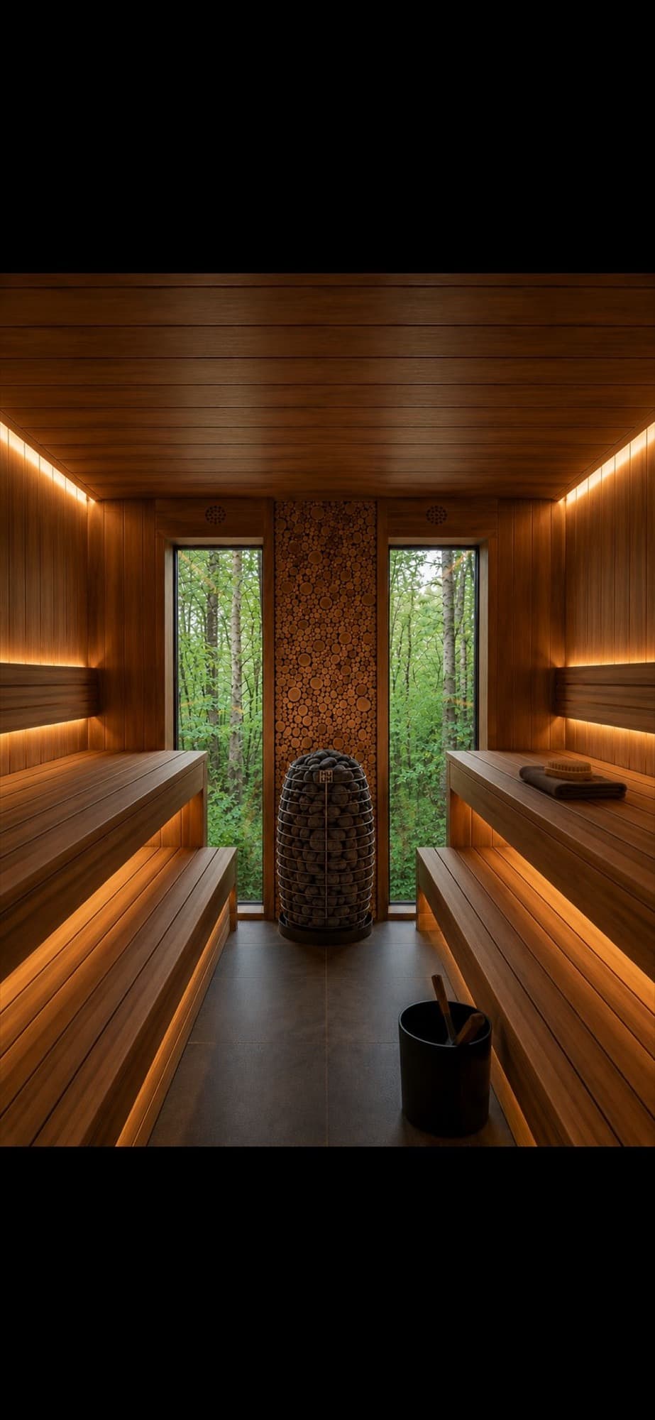 Design render of the sauna interior, overlooking the trees